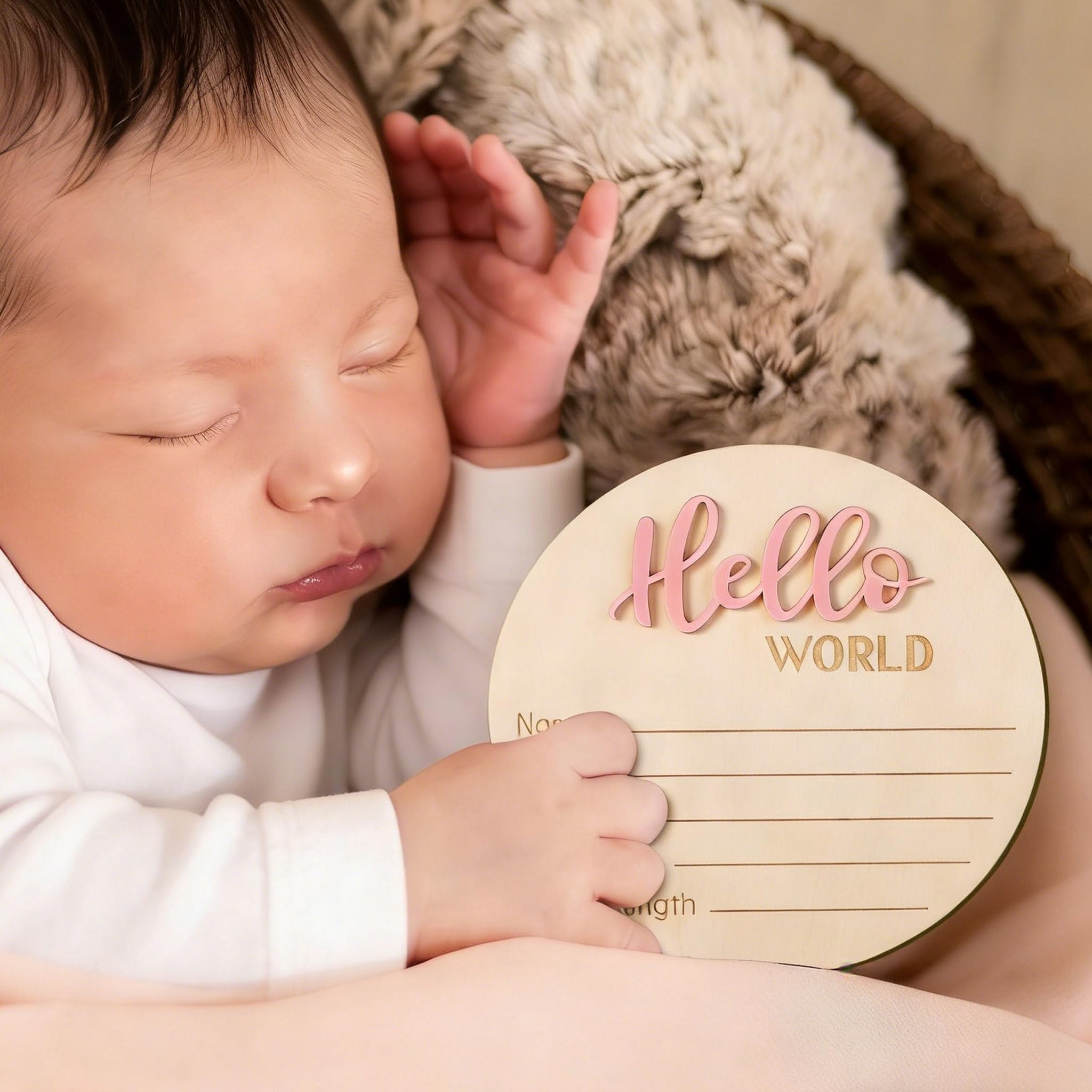 Cartello Annuncio Bambino in Legno 15cm Hello World Carte Milestone Neonato Rosa Chiaro