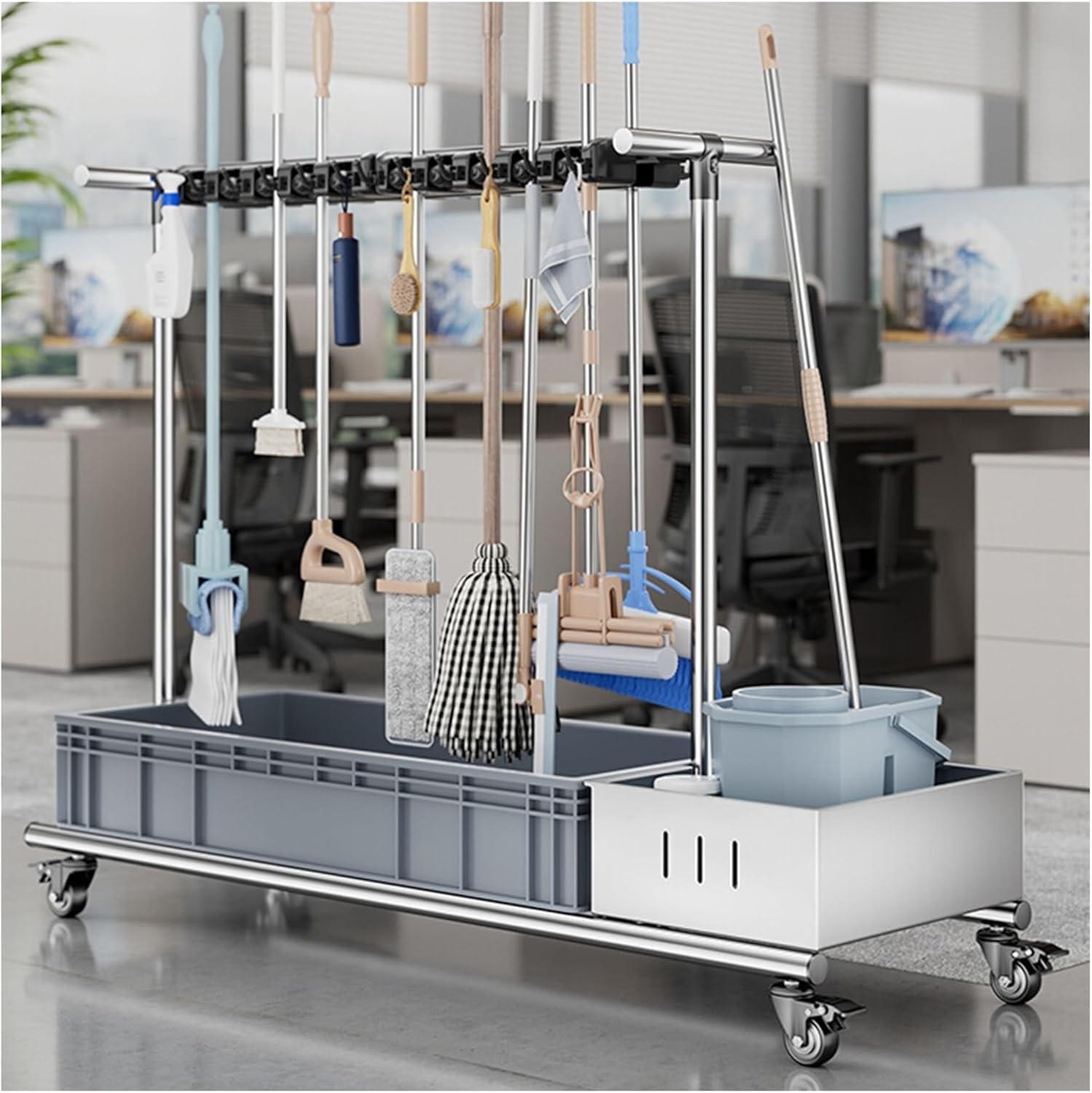 BHFPFZA Mobile Cleaning Cart with Wheels Mop BucketGarden Tool Storage Broom and Mop Holder Umbrella Stand Efficient Home Cleaning Solutions