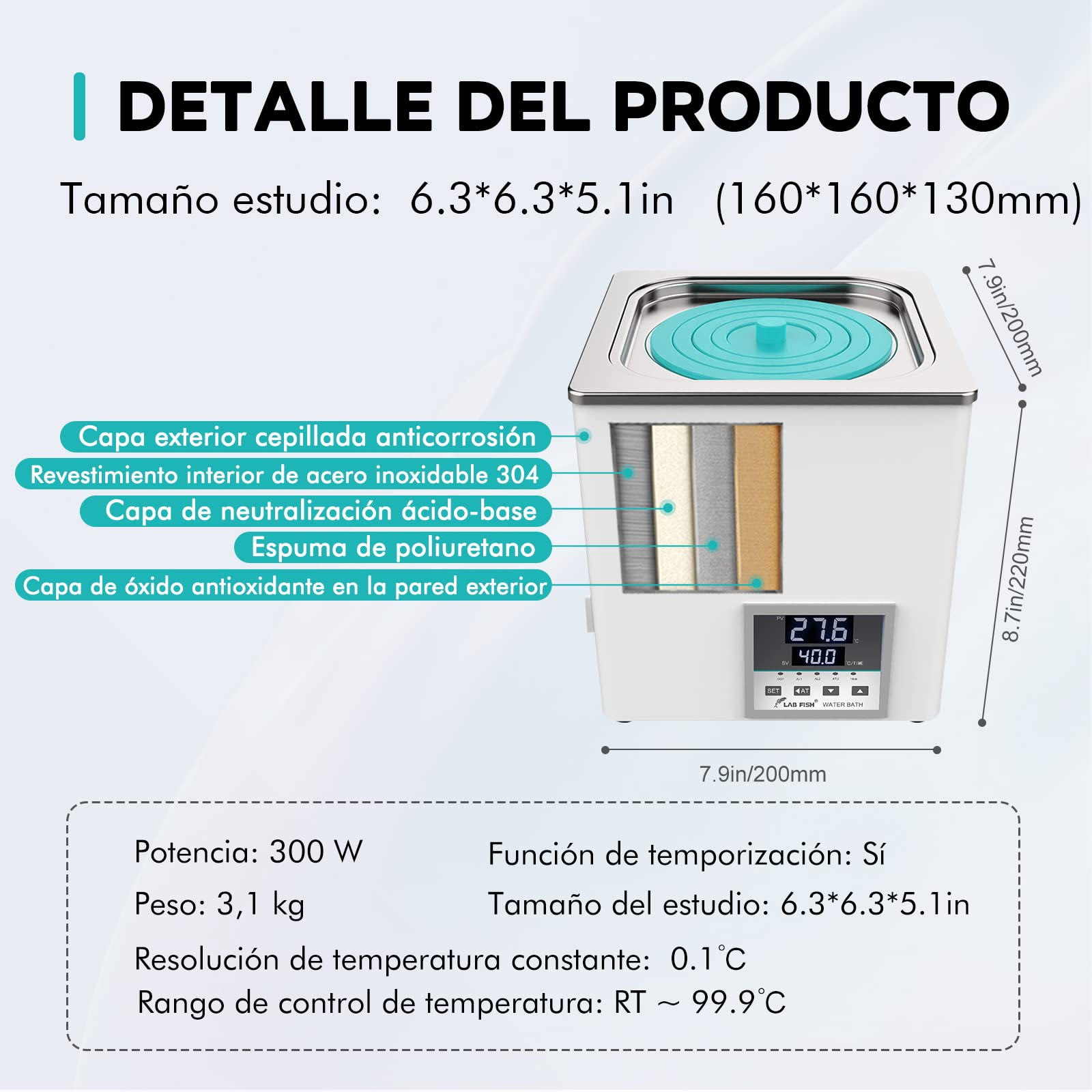 LAB FISH Baño María Baño de Agua Termostatico Laboratorio 3L, 300W - Doble Abertura, Acero Inox - Termostato Preciso ±0,1°C - Temporizador 0-999min - Pantalla LED