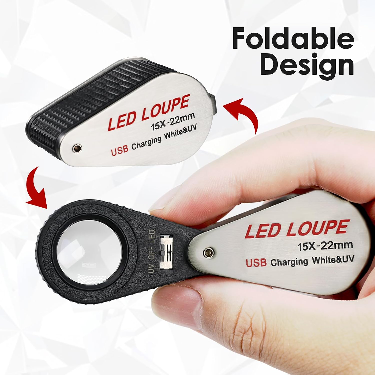 Loupe Magnifier 15X Rechargeable Mgnifie with LED and UV Light,Foldable Pocket Magnifier Loupe, 22mm Triplet Lens Portable Jewelry Magnifier for Jewelry, Rocks, Coins