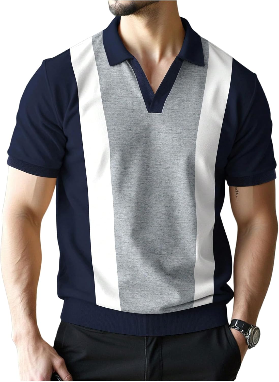 SOLY HUX Men's Color Block Shirts Collar V Neck Short Sleeve Casual Summer Work Golf Shirt