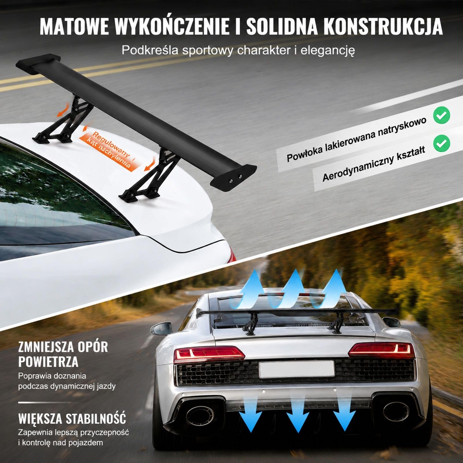 Uniwersalne tylne skrzydło GT, regulowana pojedyncza płyta ze stopu aluminium, matowa czerń, do montażu na bagażniku sedanów i coupe