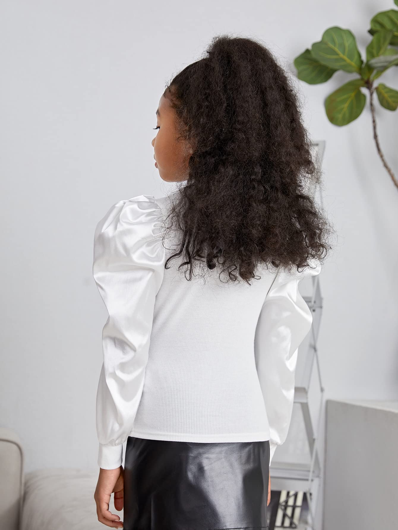 Floerns Lässige Bluse für Mädchen, Puffärmel, Rundhalsausschnitt, Rippstrickbluse, T-Shirt