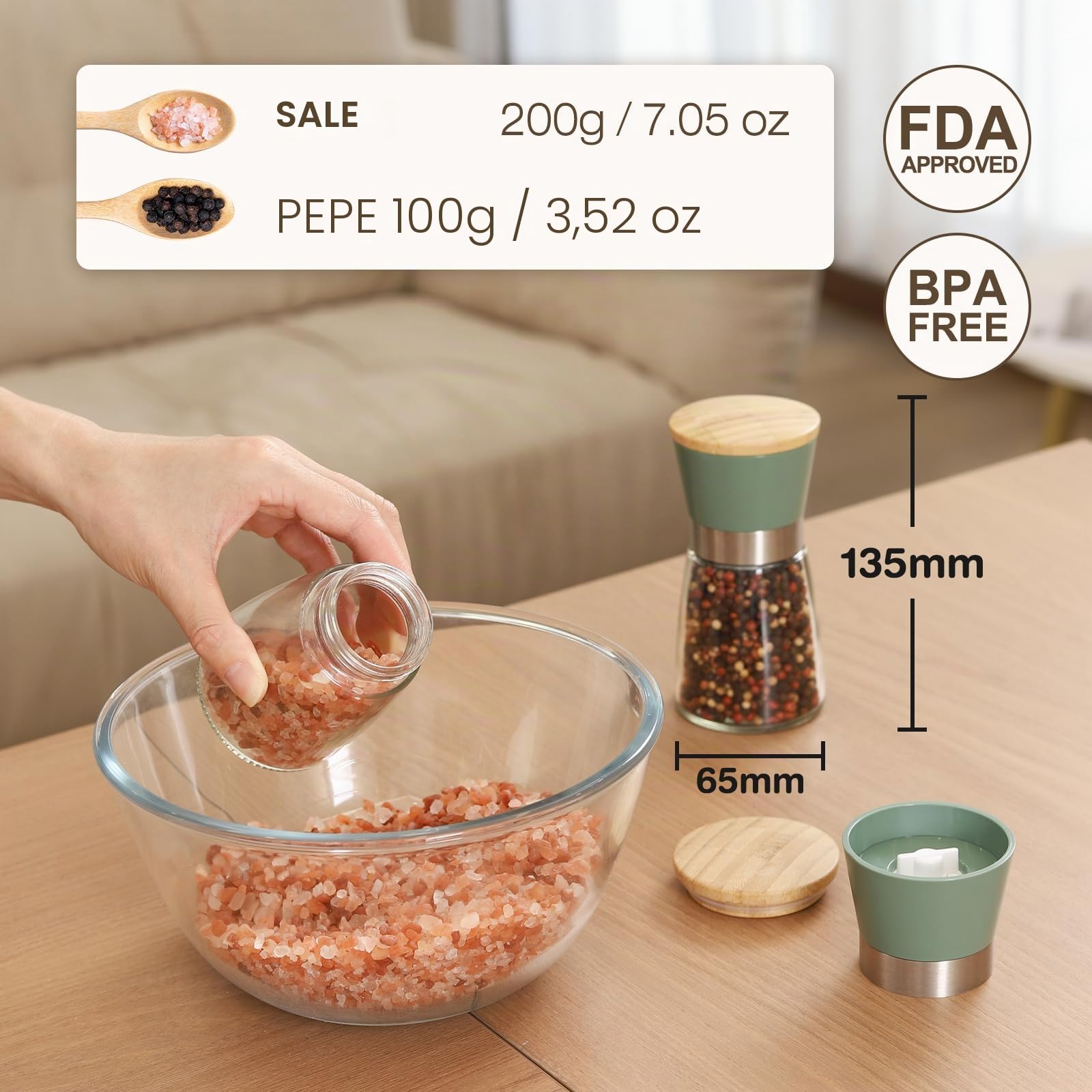 Vucchini Set di macinacaffè sale e pepe, facile da riempire e utilizzare; macinino in ceramica di alta qualità, di grande capacità, ideale per condire alla perfezione con smerigliatrice regolabile,