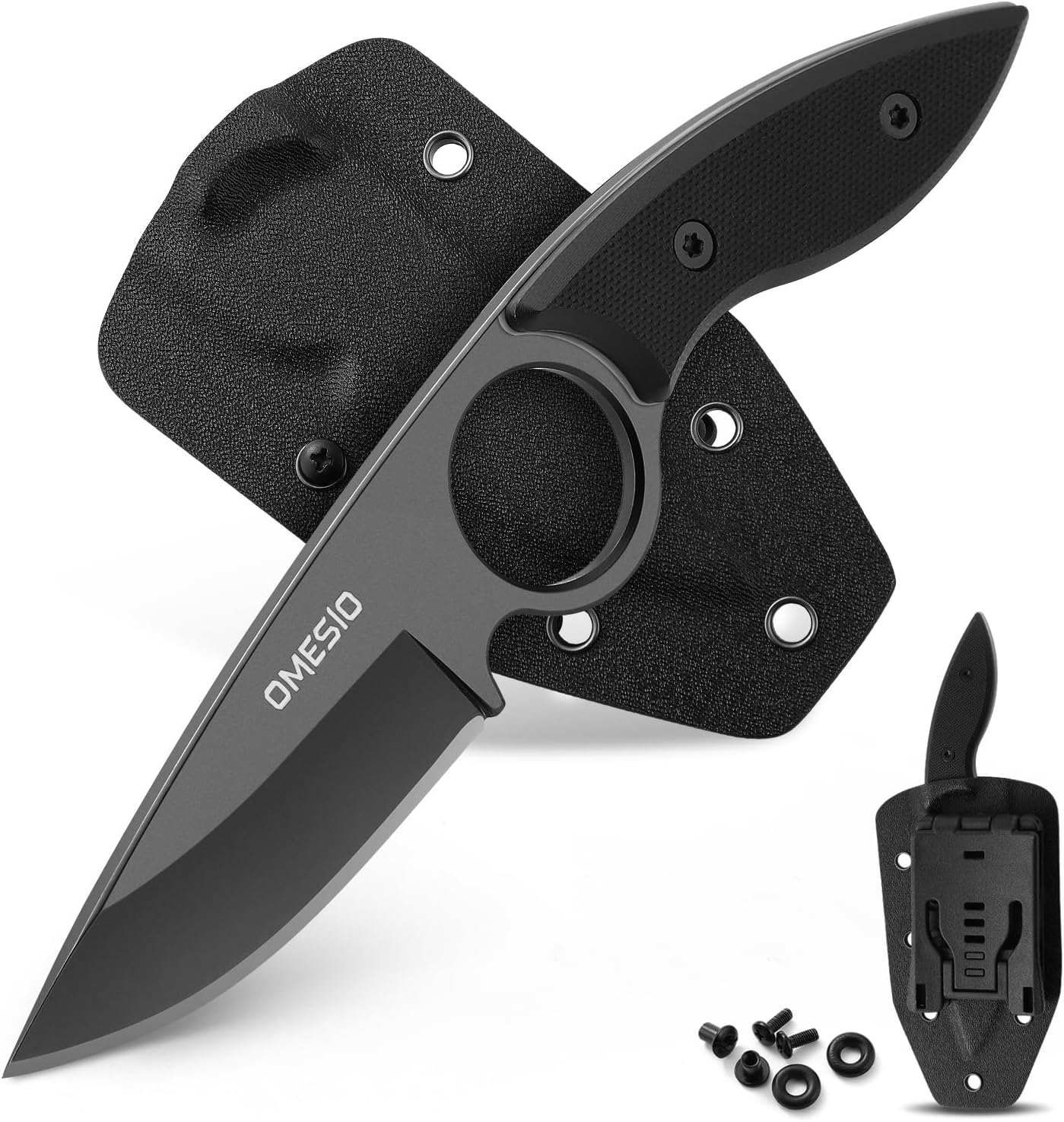 Omesio Small Fixed Blade Knife, Tactical Hunting Camping Knife with Kydex Sheath, Full Tang Stainless Steel Compact EDC Neck G10 Handle with Gift Box for Men (Black)