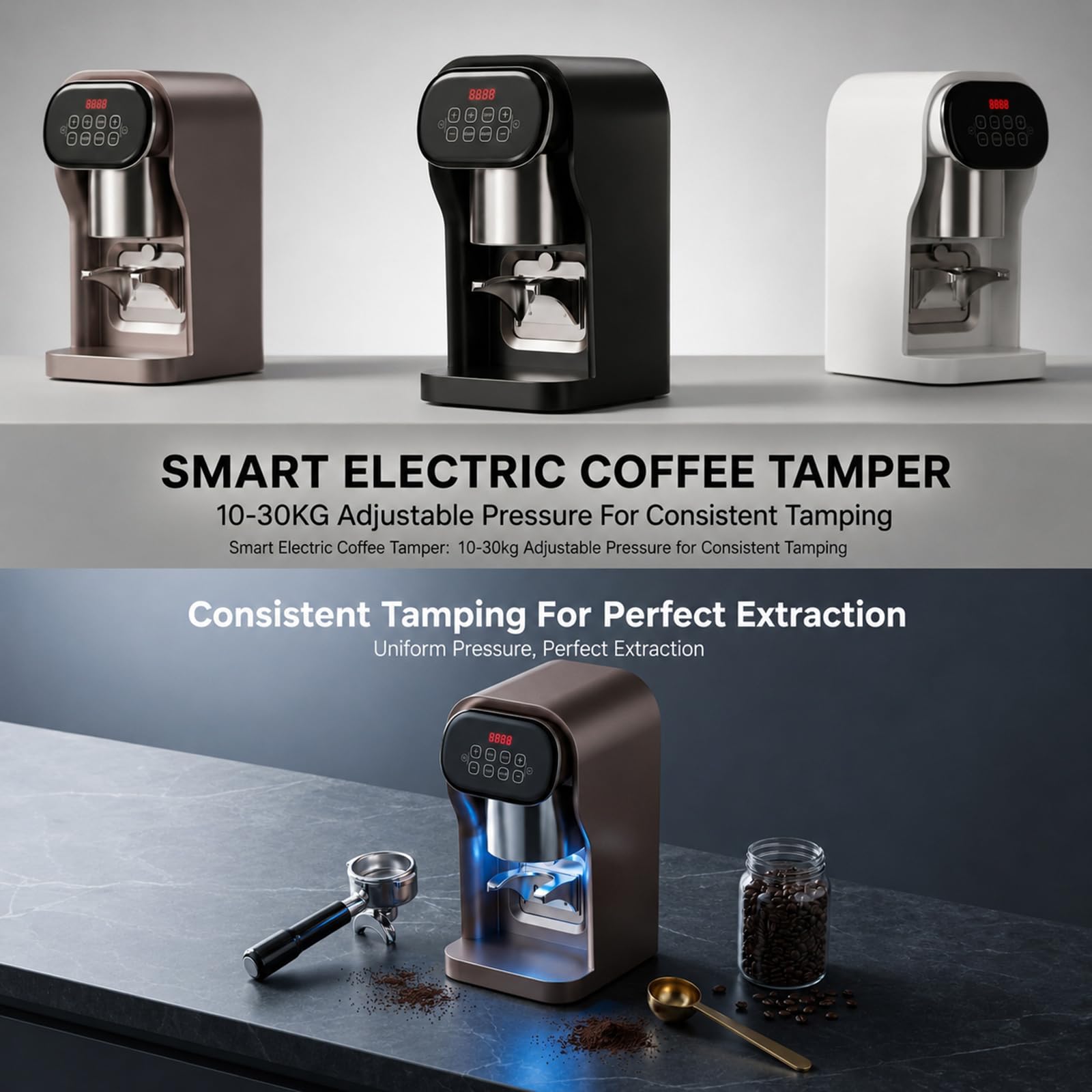 Prensa eléctrica de café – Prensa automática de espresso con presión ajustable de 10 a 30 kg y 1 a 3 ajustes de apisonamiento para cafeterías y uso doméstico