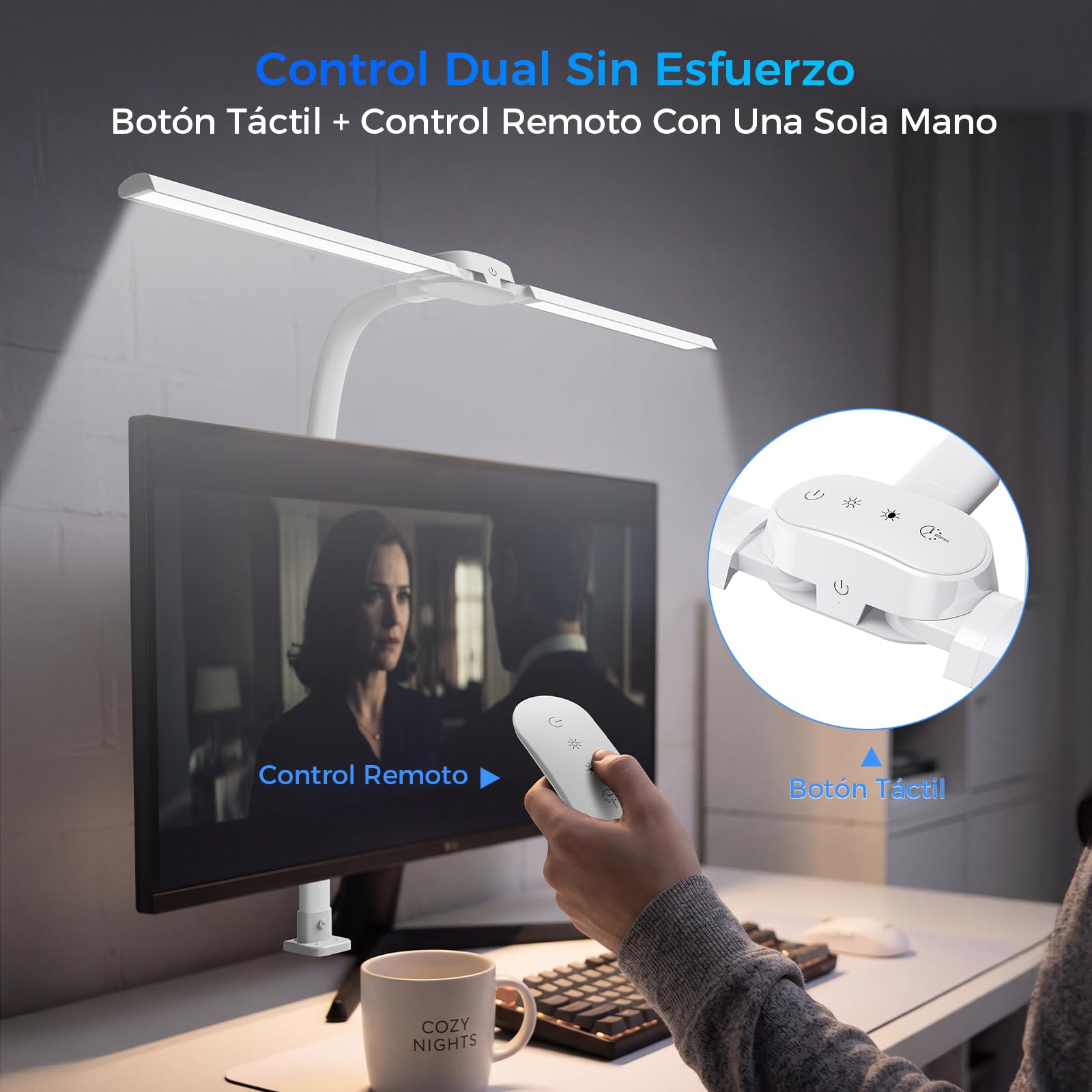 W01 Lampara de Escritorio de LED con Control Remoto - 24W 1400LM 80CM Flexo LED Escritorio con Pinza Luz Leer Puerto de carga USB para Estudiar, Oficina, Blanco