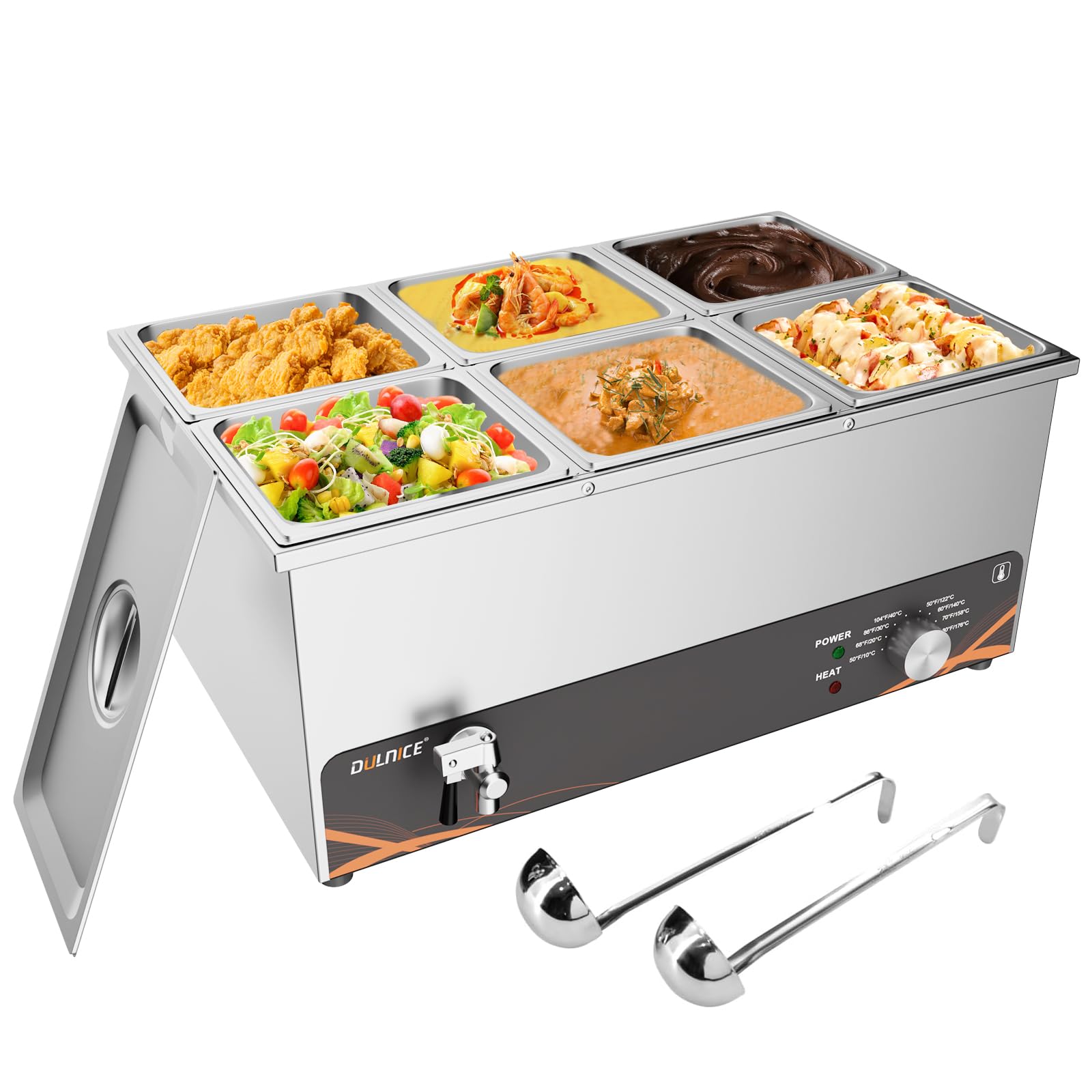 Scaldavivande Elettrico bagnomaria Bain Marie Professionale, pomello in Metallo, Acciaio Inossidabile per Buffet con 6X 1/6 Pentole con coperchi, con 2 Cucchiaio da Minestra, con Rubinetto