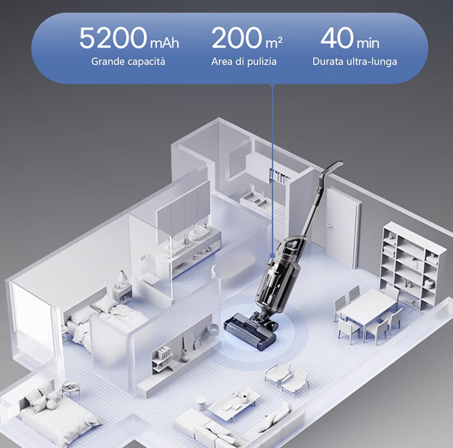 Diagram showing the Vozascly W12 Pro cleaning a house layout with battery capacity, cleaning area, and runtime