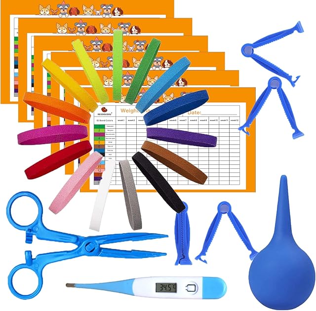TRKRVAK Puppy Kitten Whelping Kit, Newborn Dogs Cats Pet Kit with 6 Record Keeping Charts Collars Bulb Aspirator Cord Clamps