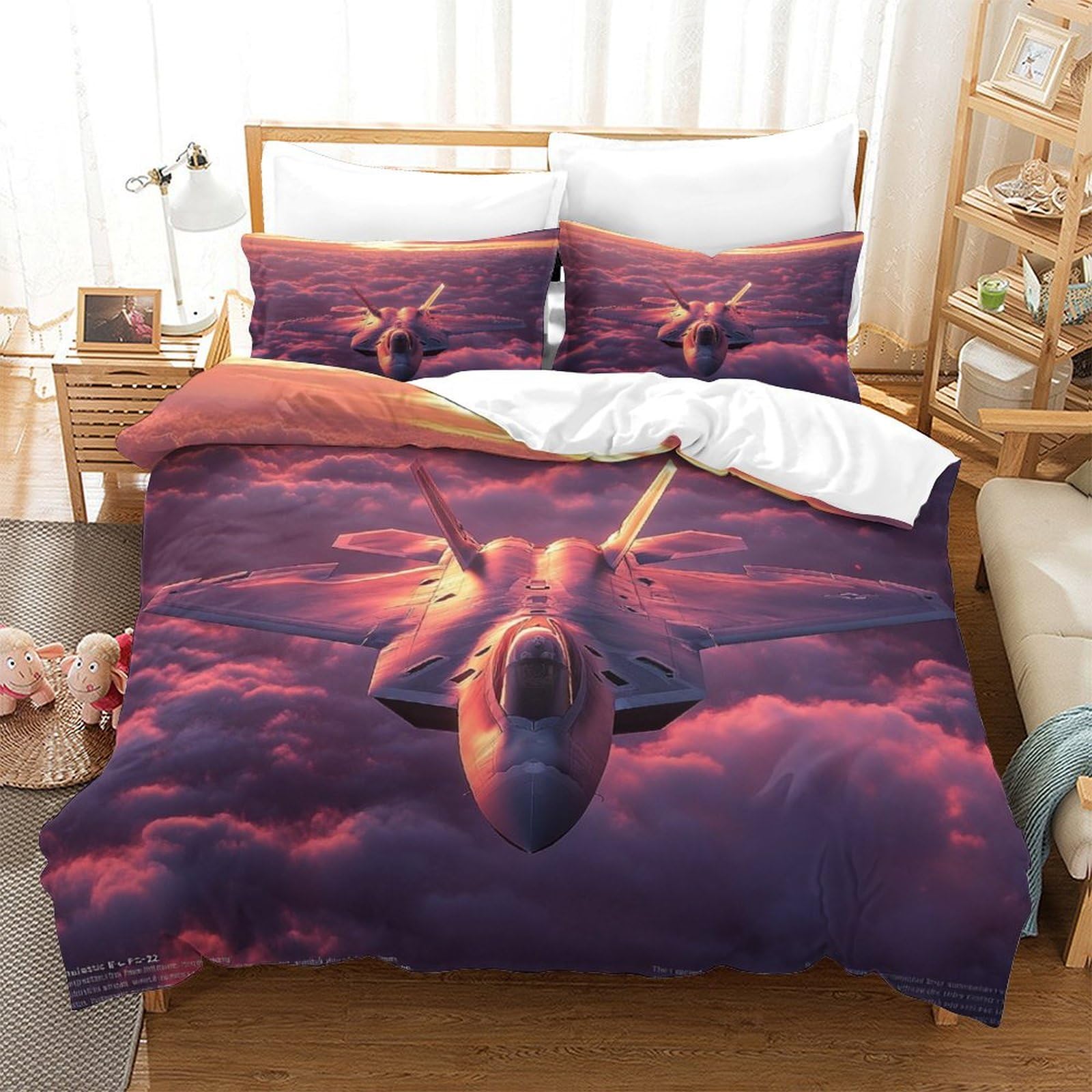 Lililaobiao Boys F22 Fighter Jet Breathable Comforter Cover Hidden Zipper Warplane Duvet Cover Set With Pillowcases Bedding Set Soft Microfiber 3D Printing Quilt Cover Set Double（200X200cm）
