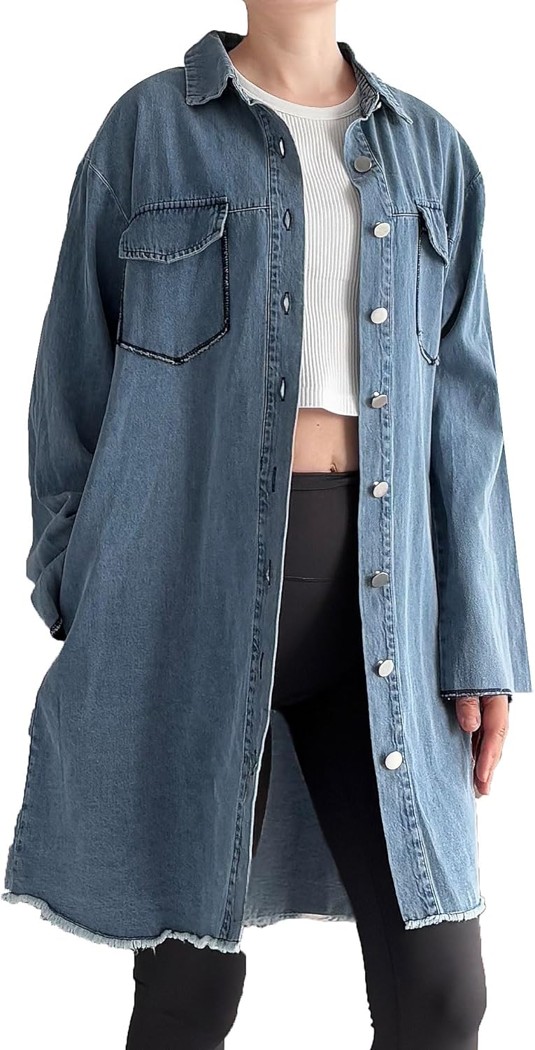 Minibee Women's Denim Jacket Button Down Shirts Long Sleeve Jean Jacket Cotton Blouses Fall Outfits