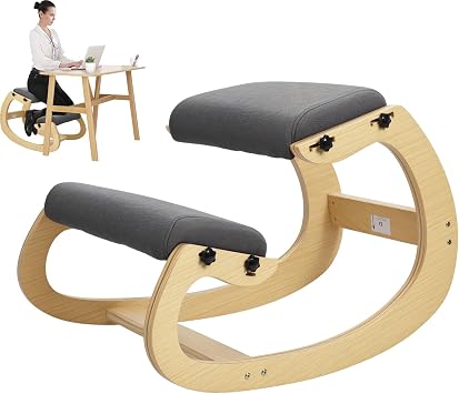 Ergonomic Kneeling Chair with Adjustable Seat, Rocking Office Chair Adjustable Stool Wood Adjustable Rocking Knee with Soft Padding, Knee Chair Posture Chair, Max Load 258 lb Wooden