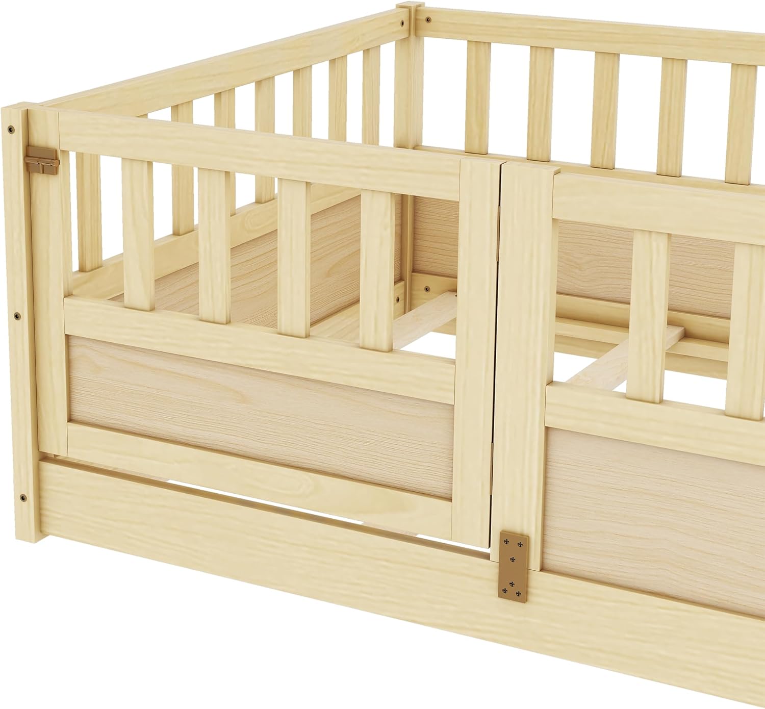 Millies Twin Size Montessori Floor Bed with High Safety Fence and Door, Natural Pine Wood Bed Frame for Kids’ Bedroom, Play or Reading Space