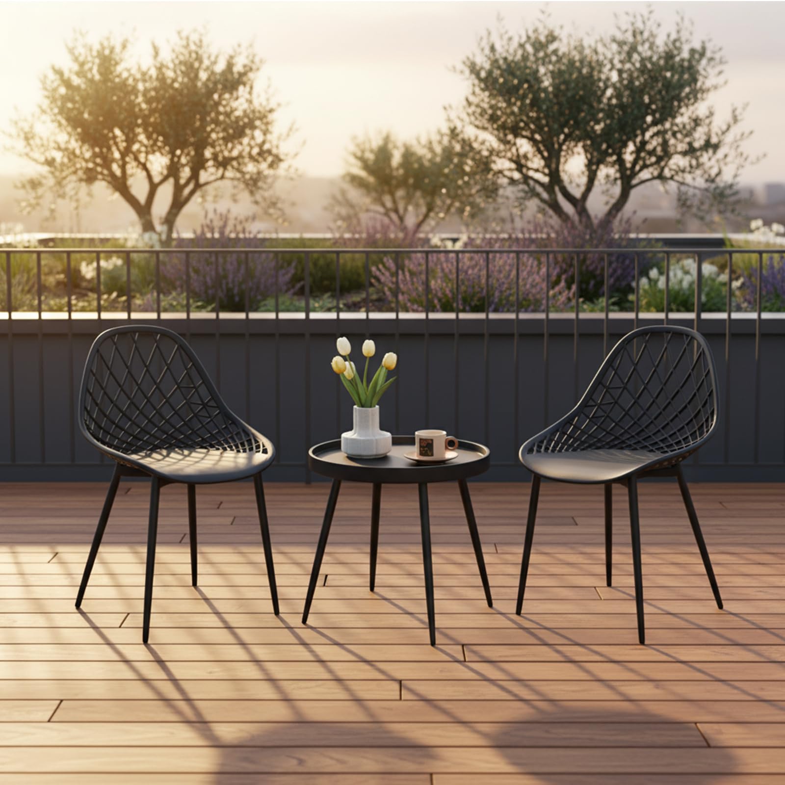 Set di 2 sedie da giardino in metallo, set da 2 sedie da bistrot per esterni, ergonomiche, adatte per interni ed esterni, colore: nero, 2 sedie + 1 tavolino da caffè