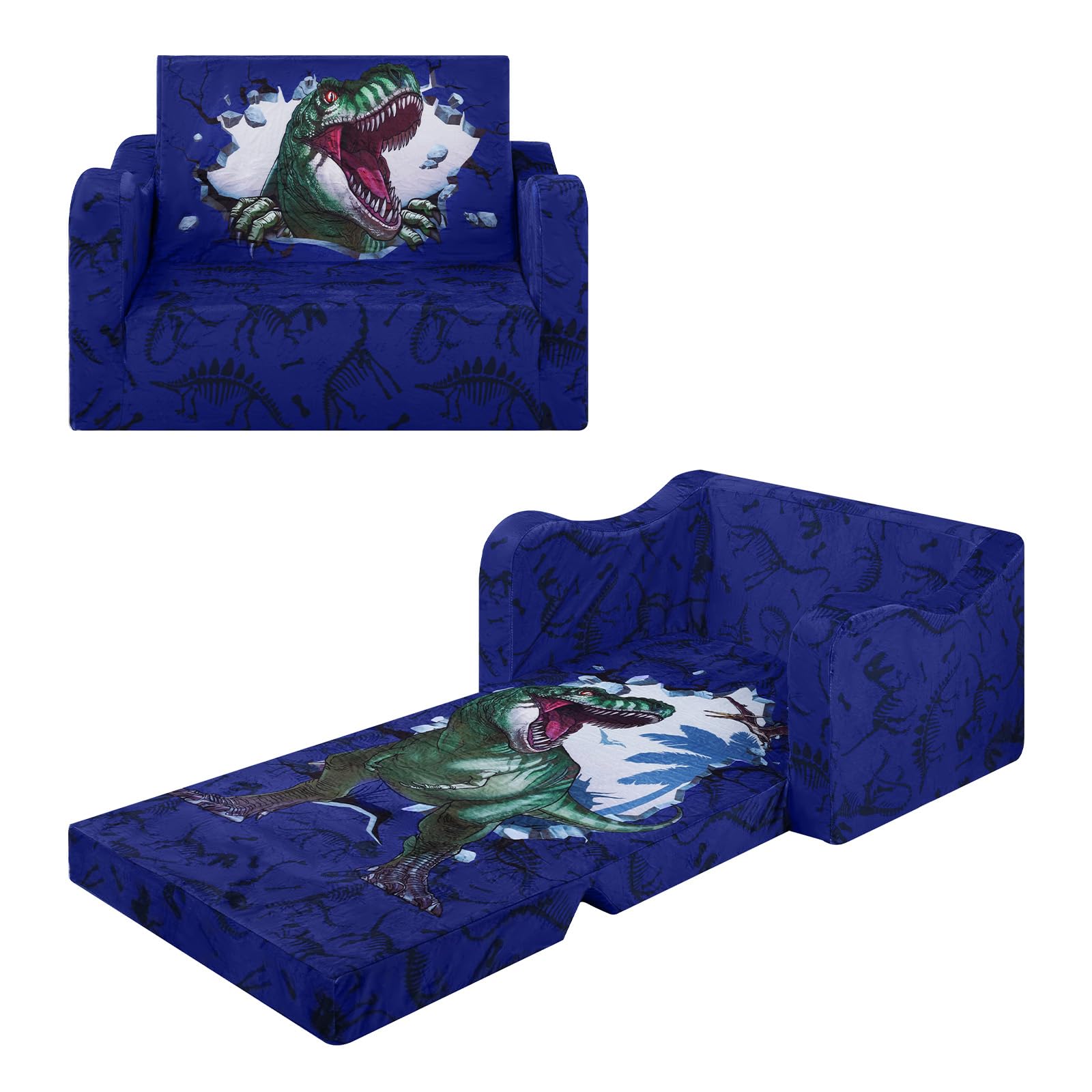 alldomess Comfy Kids Sofa Bed, 2-In-1 Foldable Toddler Chair Bed For Girls Boys, Convertible Sofa To Lounger Single Sofa Bed Chair For Kids Bedroom Playroom,Dinosaur