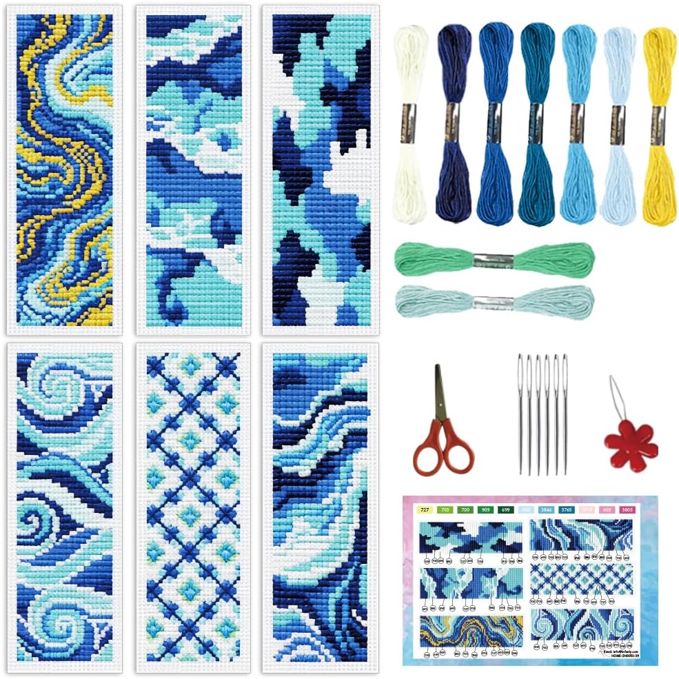 INFUNLY 6Pcs Ukiyo-E Cross Stitch Bookmark Kit 3x8.5 Inch Cotton Linen Pre-Printed Japanese Wave Embroidery Starter Set with Backing Felt for Book Lovers Gift