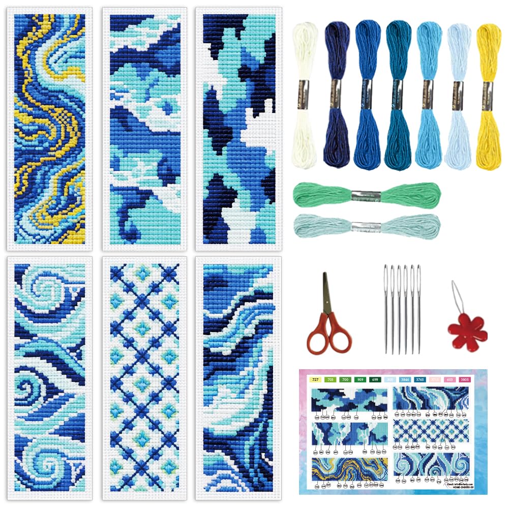 INFUNLY 6 Pcs Blue Textures Cross Stitch Bookmark Kit Marble Embroidery Bookmark Kit 7.6x21.6 cm Counted Cross Stitch Kit with Pre Printed Pattern DIY Needlepoint Craft for Book Lovers Readers Gift
