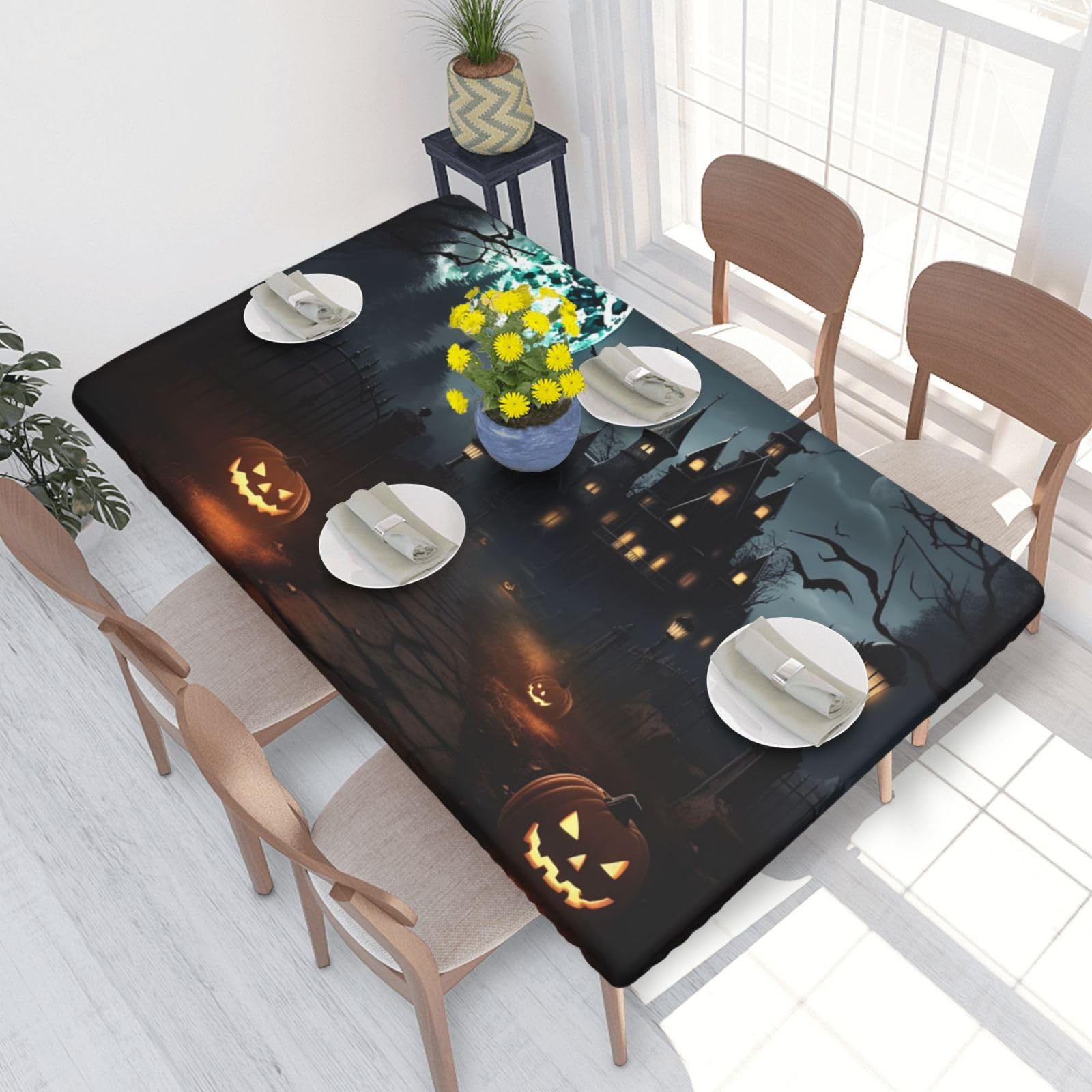 Halloween Waterproof Square Table Cover Elastic Fitted Tablecloth Oil Proof Table Protector For 4ft Table