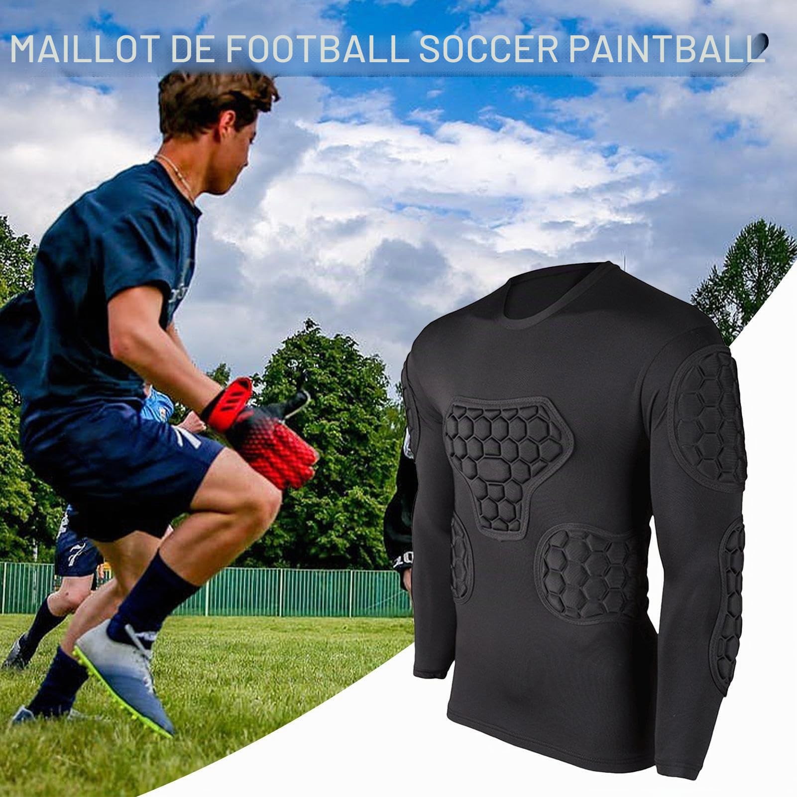 Maillot de football rembourré – Maillot de gardien de but à manches longues noir – Chemise rembourrée de soccer pour adultes et enfants – Chemises rembourrées pour football, basket-ball,