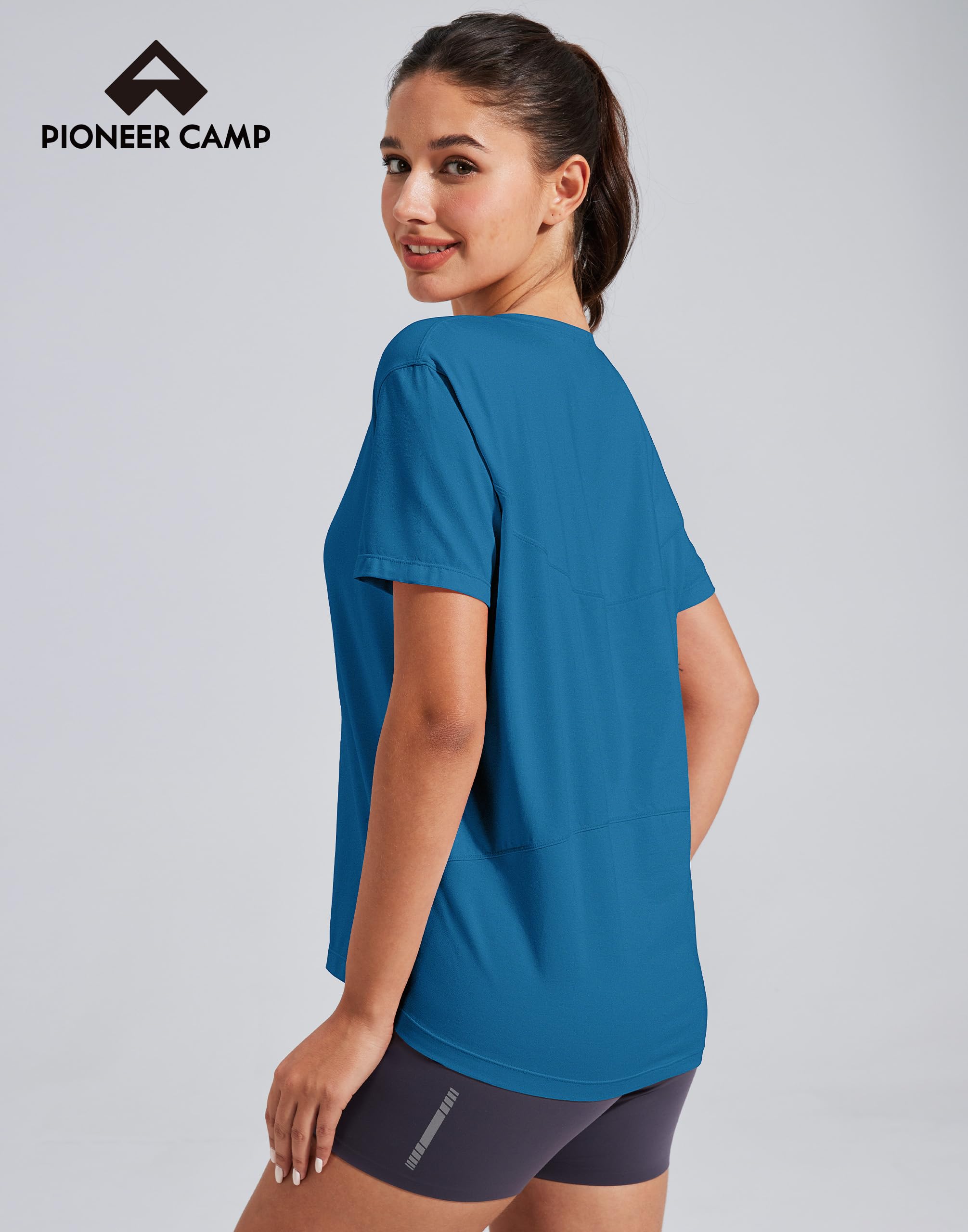 Pioneer Camp Maglietta da donna in bambù Viscore a maniche corte con scollo a barca, vestibilità ampia, maglietta da allenamento, palestra e atletica