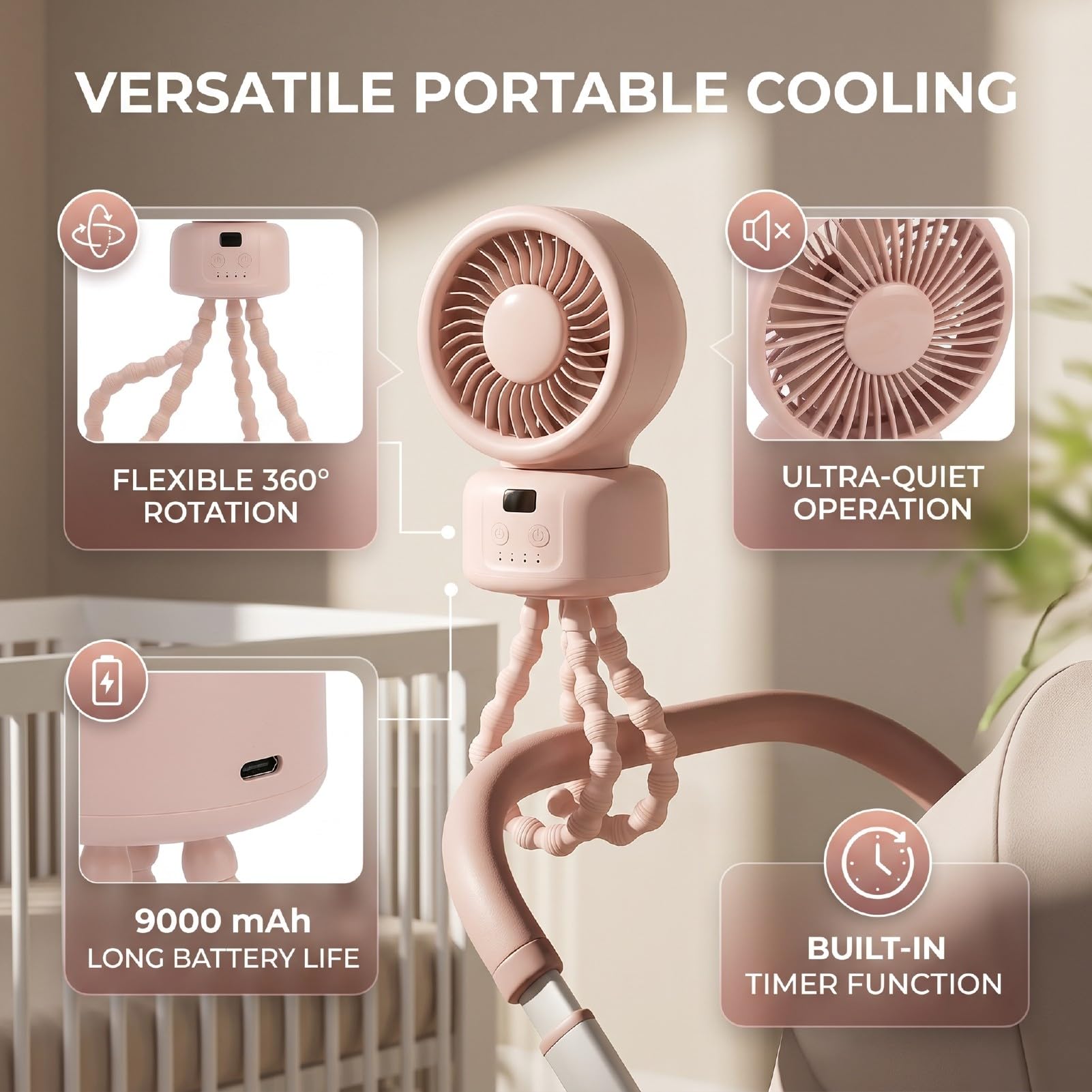 Ventilador de Cochecito de bebé Recargable, Ventilador Oscilante Compacto Portátil para Acampar Al Aire Libre y Uso en Interiores, Batería de 9000mAh