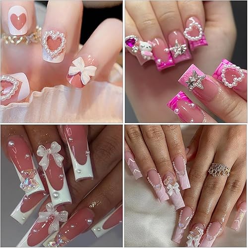 Miniatura 6 de 900 dijes de uñas 3D de múltiples formas blancas y perlas de parte trasera plana, perlas huecas, estrellas, arco, corazón, estrella, luna, dijes de