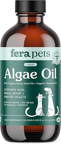 Fera Pets Algae Oil - Cats & Dogs Omega 3 Oil - Vegan - Immune, Heart, Brain, Skin and Coat Support - Includes Vita