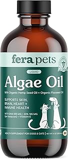 Fera Pets Algae Oil - Cats & Dogs Omega 3 Oil - Vegan - Immune, Heart, Brain, Skin and Coat Support - Includes Vitamin E, Organic Hemp Seed & Flaxseed Oil - 100% Plant Based Omega-3s - 8 oz
