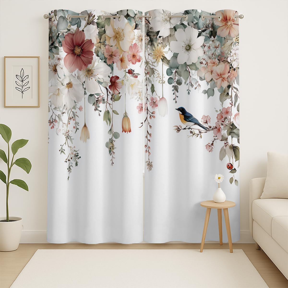 Floral Bird Curtain, Watercolor Flowers Spring Farmhouse, Grommet Curtains for Kitchen Window or Compact Entry Space, 42 x 45 Inch, Thermal Insulated Darkening Drapes