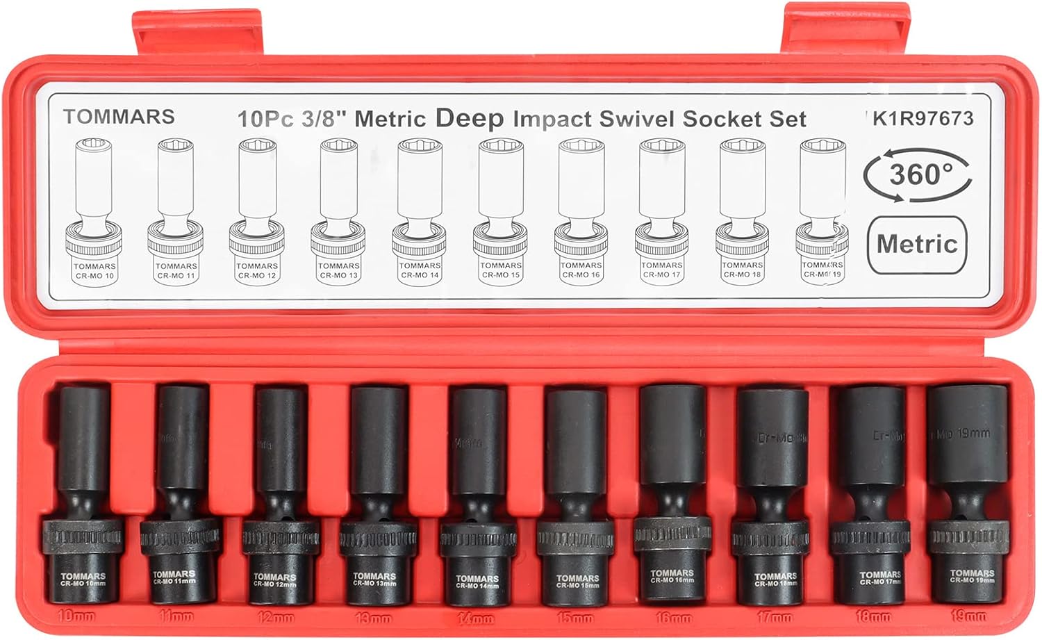TOMMARS 3/8" Drive Universal Swivel Impact Socket Set Deep, 6 Point Wobble Flexible Socket Set Metric 10-19 mm CR-MO Steel