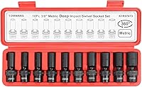Vista 1 de TOMMARS 3/8" Drive Universal Swivel Impact Socket Set Deep, 6 Point Wobble Flexible Socket Set Metric 10-19 mm CR-MO Steel