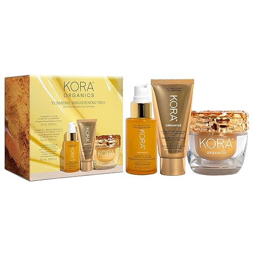 KORA Organics Trío iluminador con brillo de cúrcuma, set de regalo con crema hidratante de brillo de cúrcuma, máscara exfoliante y limpiador