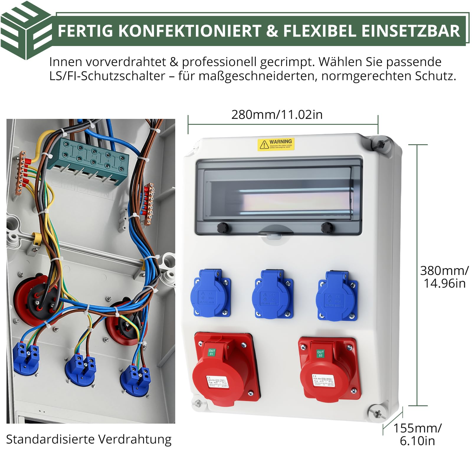 EYPINS Rozdzielacz prądu budowlanego bez LS+FI, rozdzielacz ścienny 3 x 230 V Gniazda Schuko 16 A+Wtyczki CEE 16A+32A, IP66, ognioodporne ABS do wnętrz, na zewnątrz, warsztat i fabryka