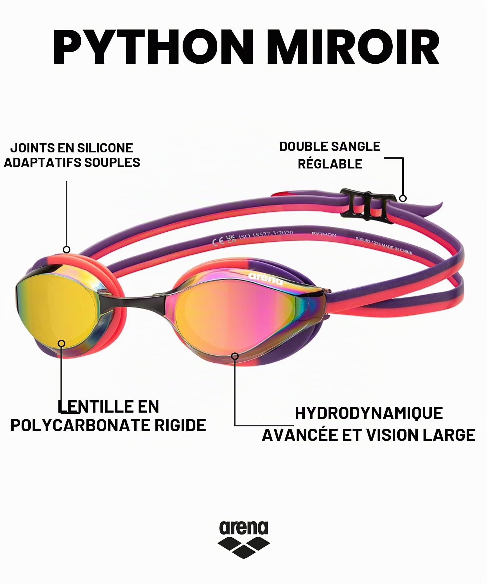 ARENA Lunettes de natation unisexes Python Racing pour homme et femme, anti-buée, sans fuite, confort maximal, double sangle, verres miroirs/sans miroir