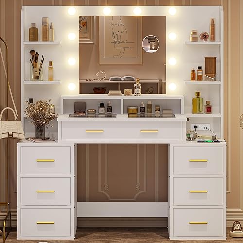 Miniatura 8 de Tocador de maquillaje con parte superior de cristal con espejo y luces, escritorio de tocador con tira de alimentación y espejo de aumento de 10x,