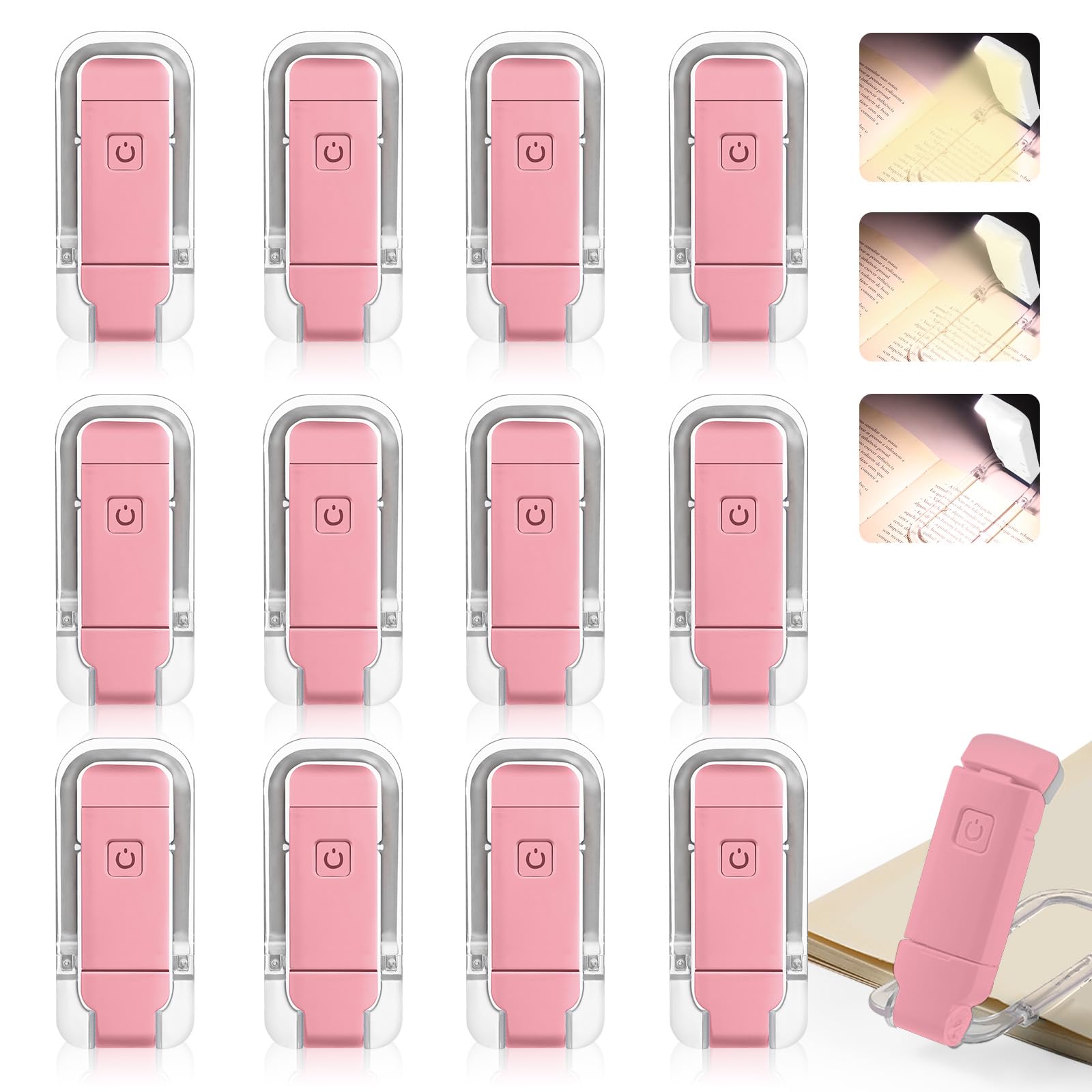 VZZNN Confezione da 12 luci da lettura ricaricabili per leggere a letto, luci per libri con clip con 3 temperature di colore, regali sfusi per amanti dei libri, bambini e adulti (rosso)