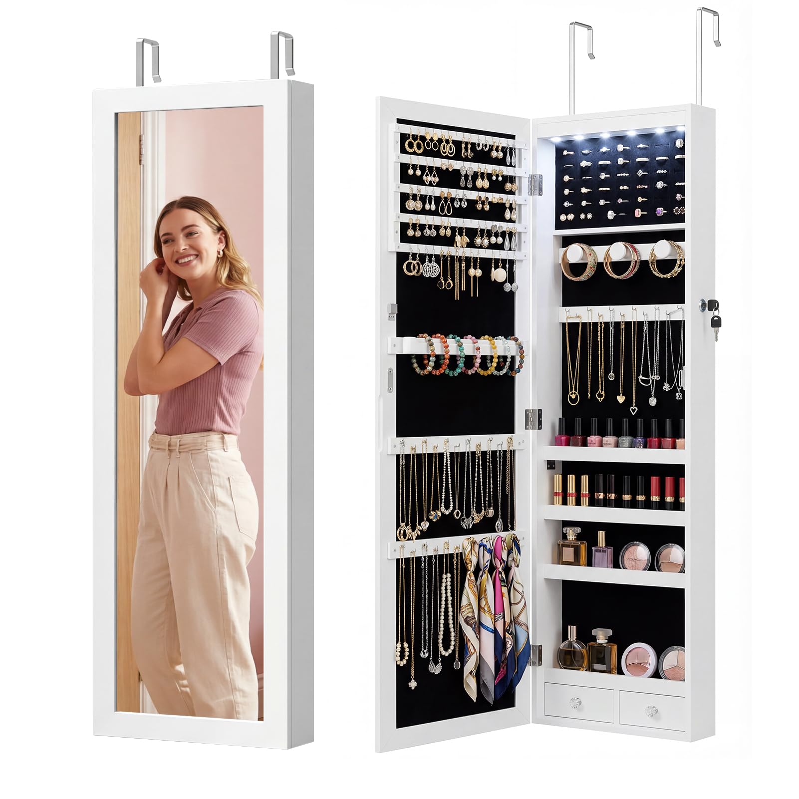 Antok 6 LEDs Jewelry Cabinet with Lock 48 Full Length Mirror Wall Mounted or Over The Door Jewelry