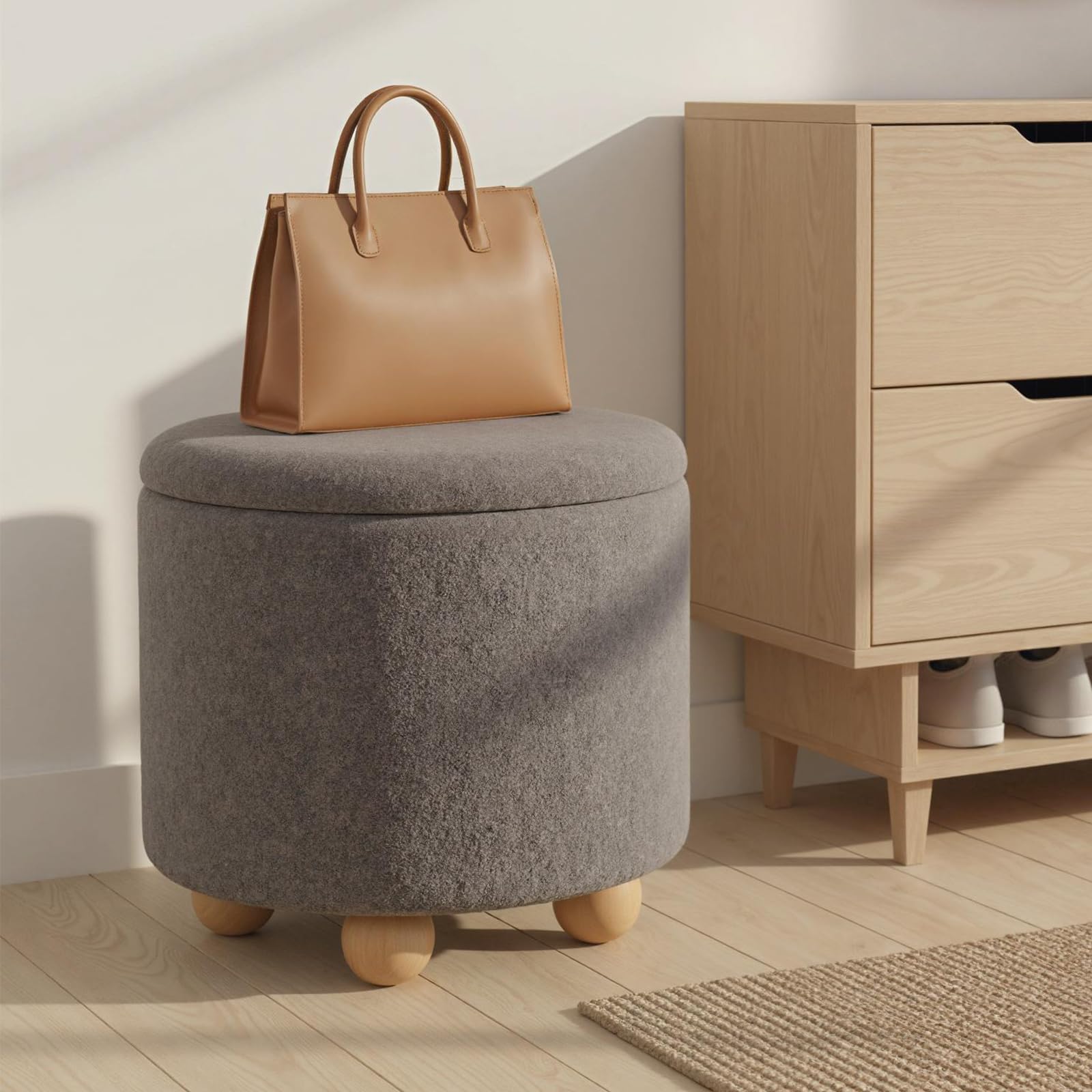 GIANTEX Sitzhocker mit Stauraum, Fußhocker rund aus Chenille-Stoff mit Deckel, Rutschfesten Holzbeinen, Schminkhocker für Wohnzimmer, Schlafzimmer, bis 150 kg belastbar, Φ 44,5 x 44,5 cm (Grau)
