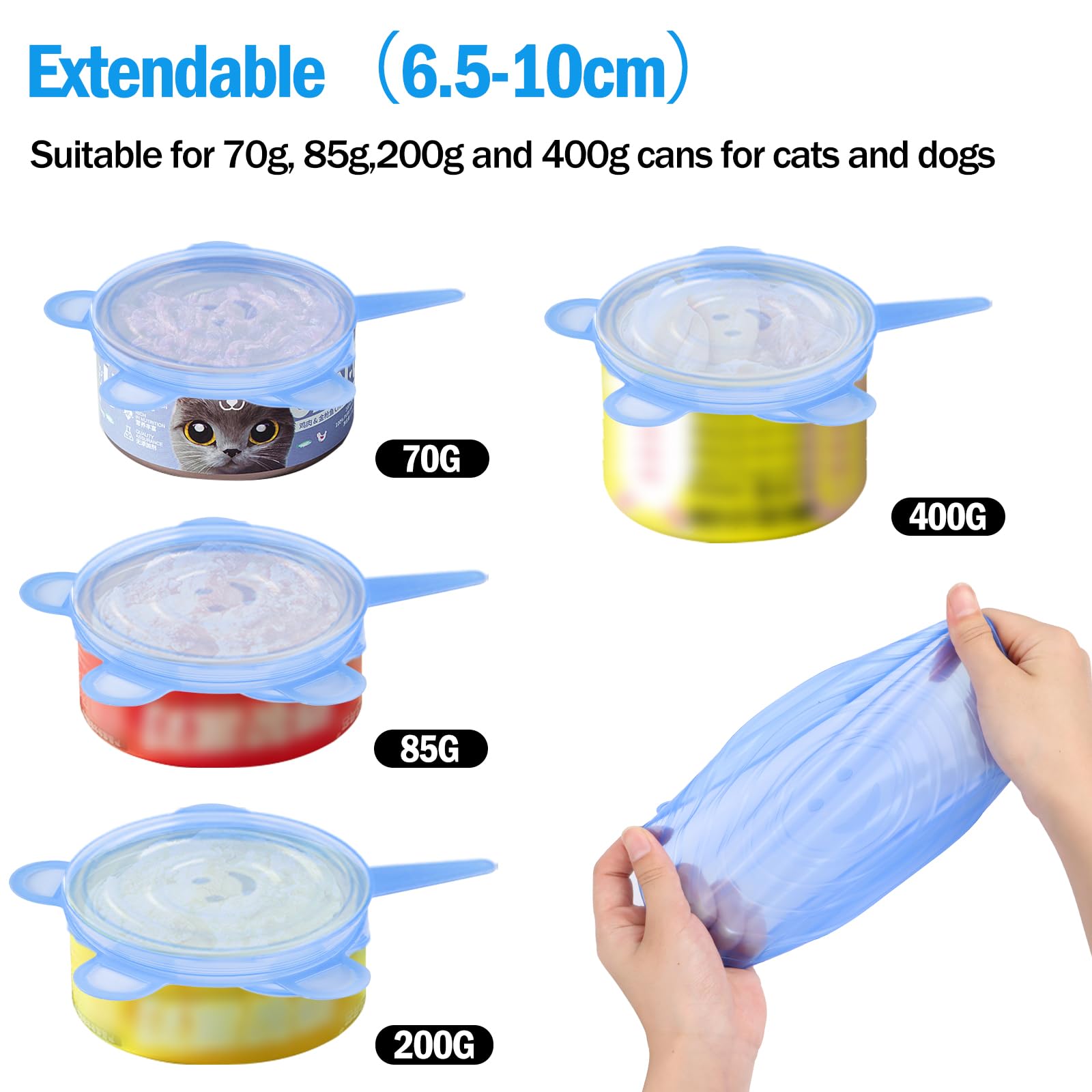 Lot de 8 Couvercles de Boîtes de Nourriture pour Chat, Couvercle en Silicone Extensible Diamètre 6,5 cm-8,5 cm Couvercle en Silicone Pour Boîtes de Nourriture pour Chat