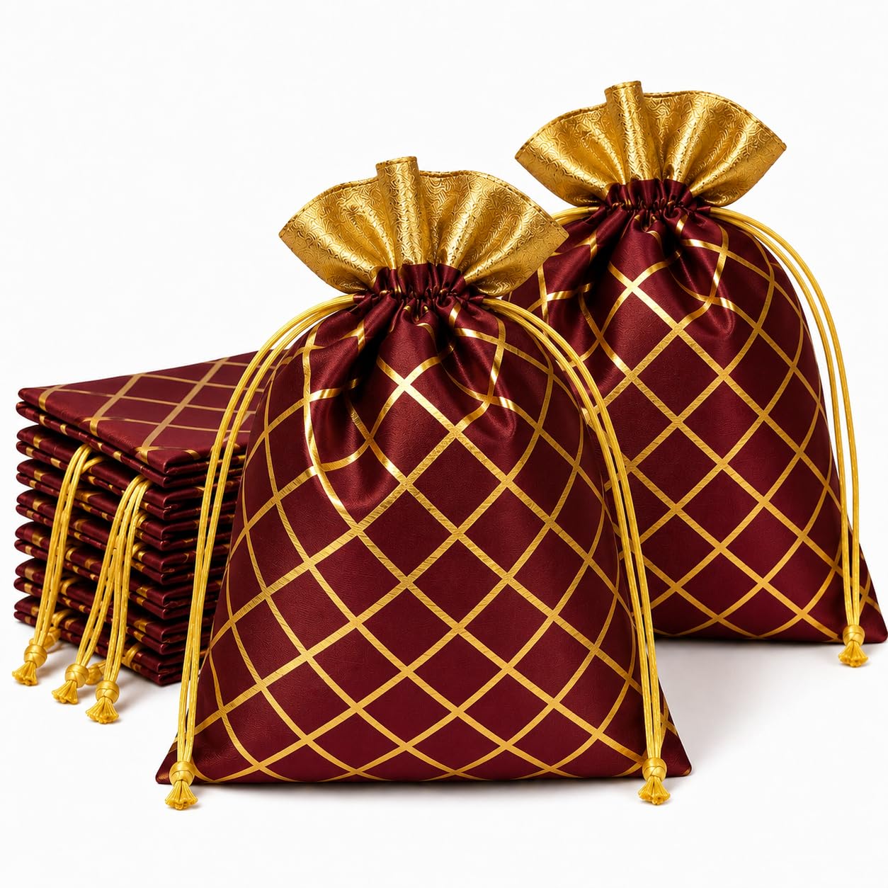 FOXTREE Golden Check Potli Bags | 16X21 CM (6x8 INC) | Reusable Drawstring Gift Pouches for Wedding Return Gifts, Shagun, Jewelry, Dry Fruits, Party Favors, Diwali, Haldi & Mehendi (Maroon, Pack Of 10)-image-14