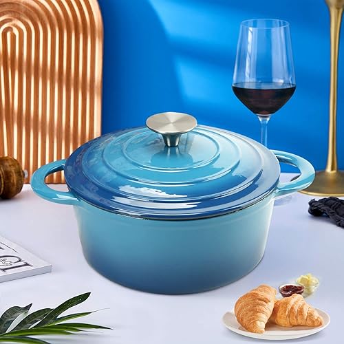 Miniatura 25 de Cacerola de hierro fundido COOKWIN, 3.8 QT, Sartén de hierro fundido con tapa y asas dobles, olla de superficie esmaltada de porcelana, Verde azulado