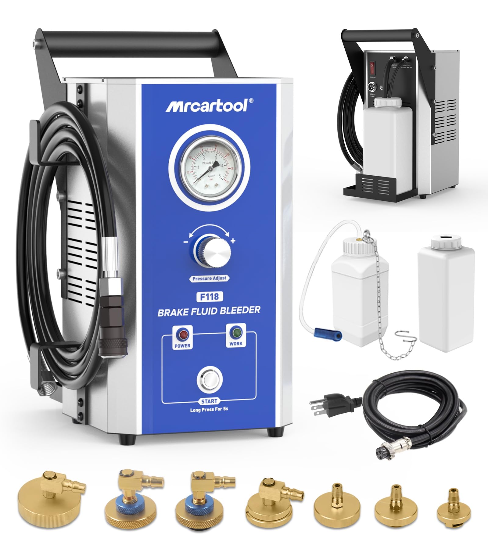 MRCARTOOL Purgador Frenos Coche 220V Purgador de Frenos Eléctrico Máquina de Cambio de Líquido de Frenos con 7 Adaptadores, Purgador Frenos 0,7-3,0 Bar para Volkswagen, Audi, Škoda, Benz, BMW