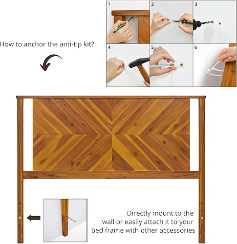 Miniatura 5 de Bme Vivian - Cabecera tamaño Queen, estilo rústico y escandinavo con madera de acacia maciza, fácil montaje, marrón dorado rústico