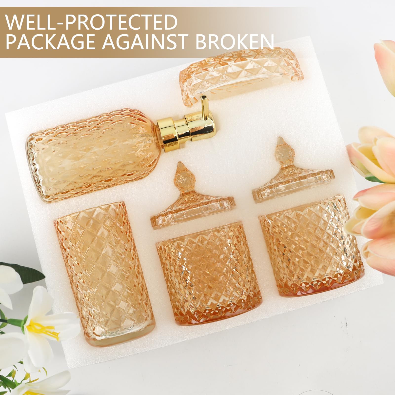 Set di 5 accessori da bagno in vetro dorato, dispenser di sapone con portasapone, portaspazzolino, contenitore di cotone, bicchiere, decorazione moderna per il bagno