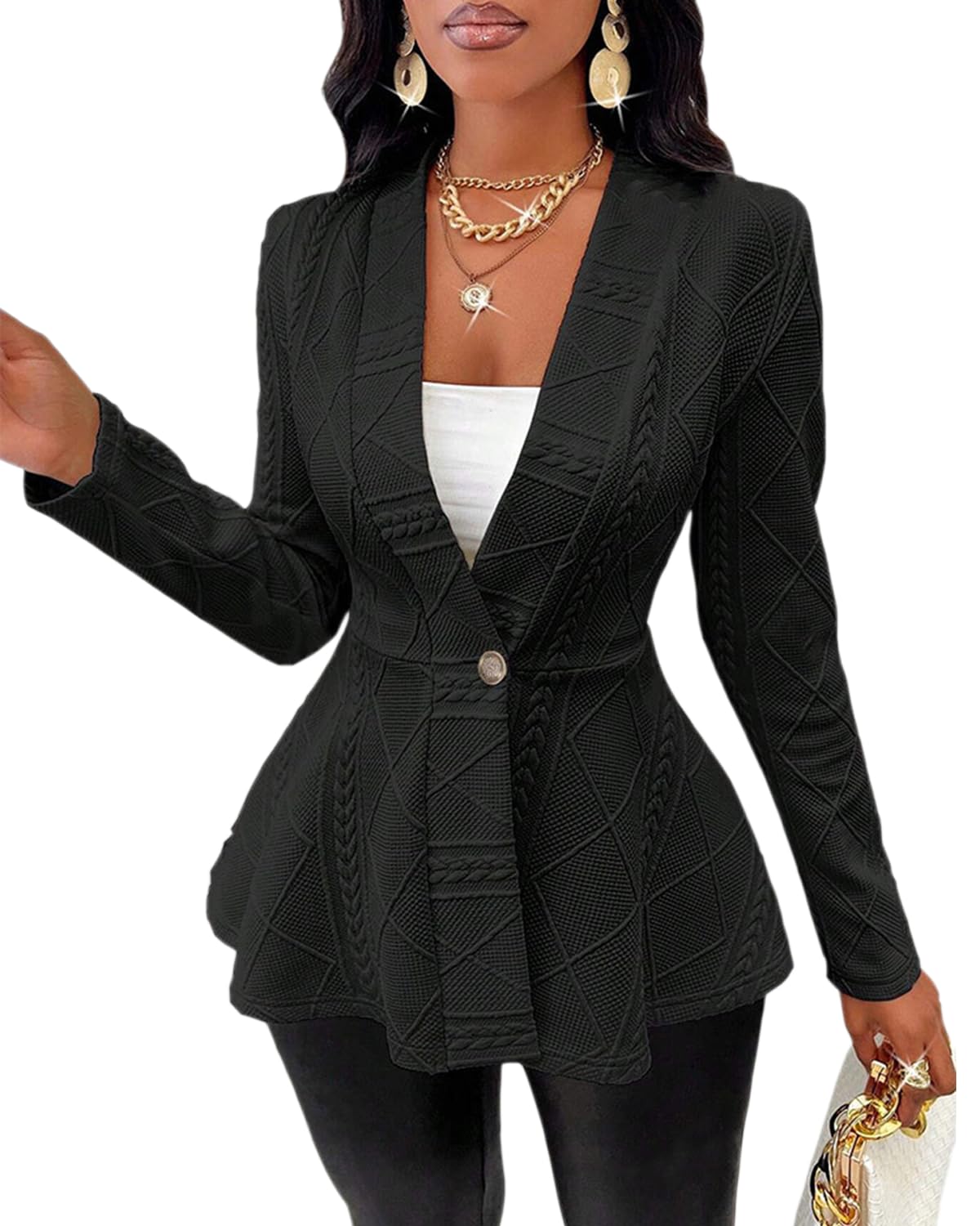 Women Stylish One Button Long Sleeve Ruffled Shawl Neck Blazer Jacket Open Front Textured Flare Casual Blazer