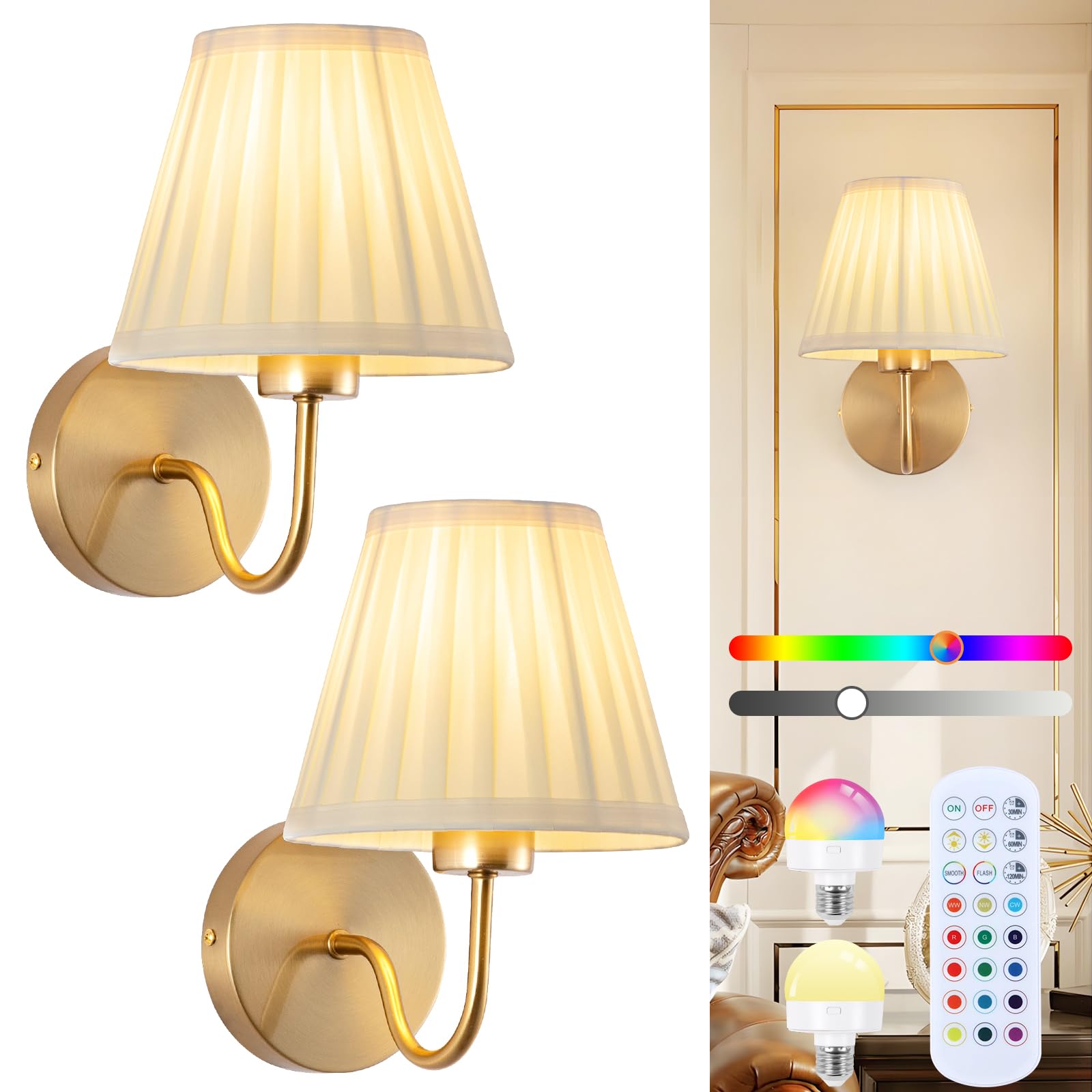 Photo 1 of Vintage Battery Operated Wall Sconces Set of 2, Pleated Fabric Shade Gold Wall Lamp with Remote Control, Cordless Rechargeable Wall Sconces Fixtures for Bedroom, Living Room, Beside (2 Bulbs Included)