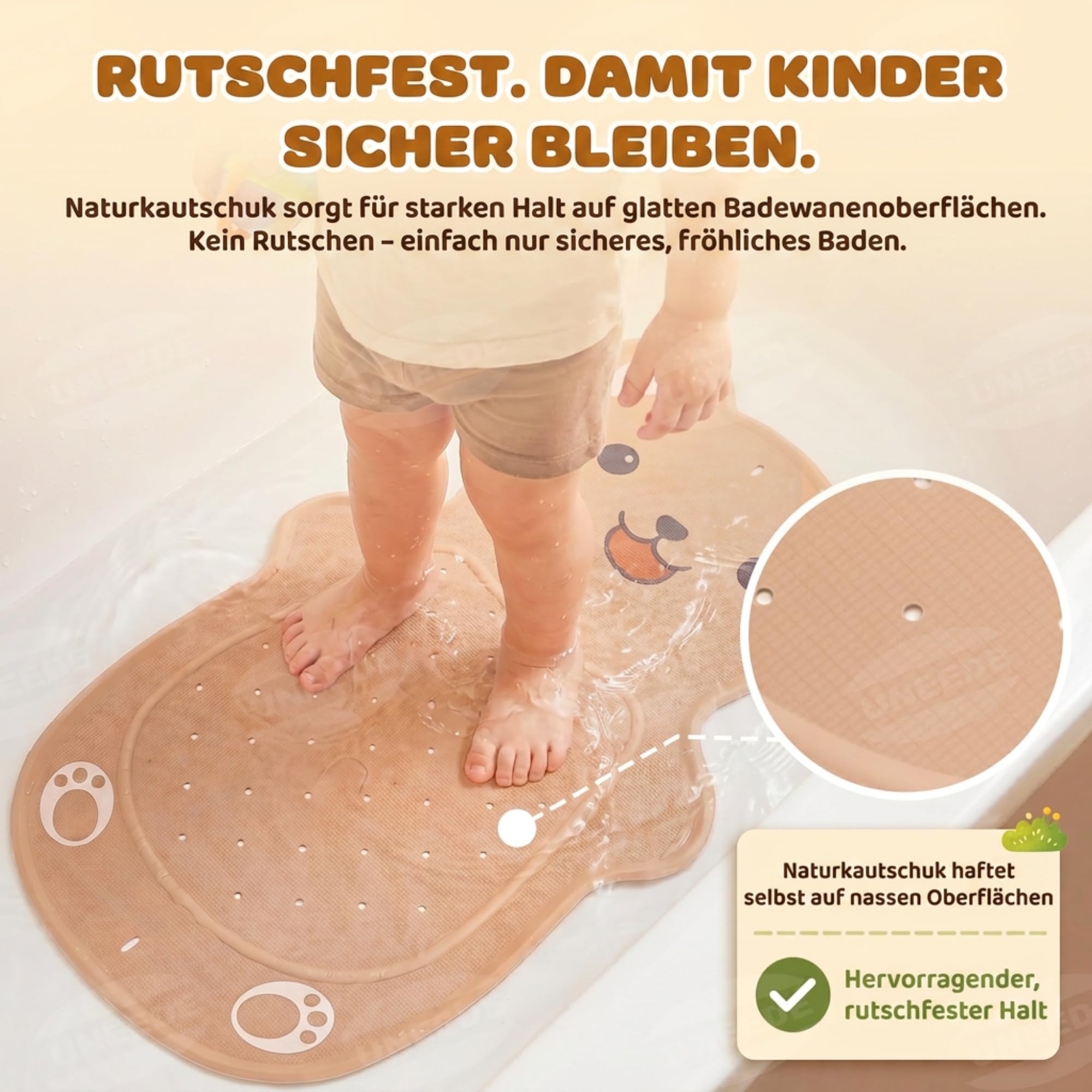UNEEDE Bären Antirutschmatte Badewanne Kinder, 76x45cm Babybadematte aus Naturkautschuk, rutschfeste Badewannenmatte mit 126 Saugnäpfen & 43 Abflusslöchern, maschinenwaschbar