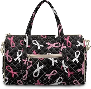 Pink Ribbon Quilted Duffle Bag for Travel Large Gym Bag for Women Lightweight Weekender Overnight Bags with Pocket for Yoga, Workout, Hospital, Weekend Trips Travel Essentials