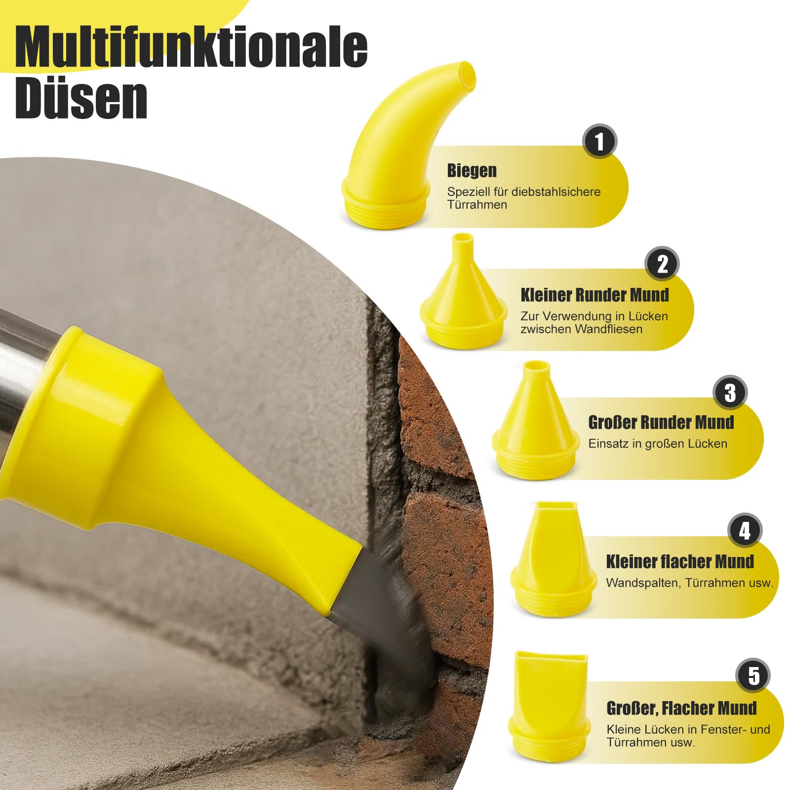 Mörtelspritze Edelstahl 5-in-1 Düsen Fugenpistole | Edelstahl Mörtelspritze – 5-in-1 Düsen Mörtelpresse mit Zubehör, ideal zum Verfugen von Mörtel, Fliesen und Bauarbeiten.